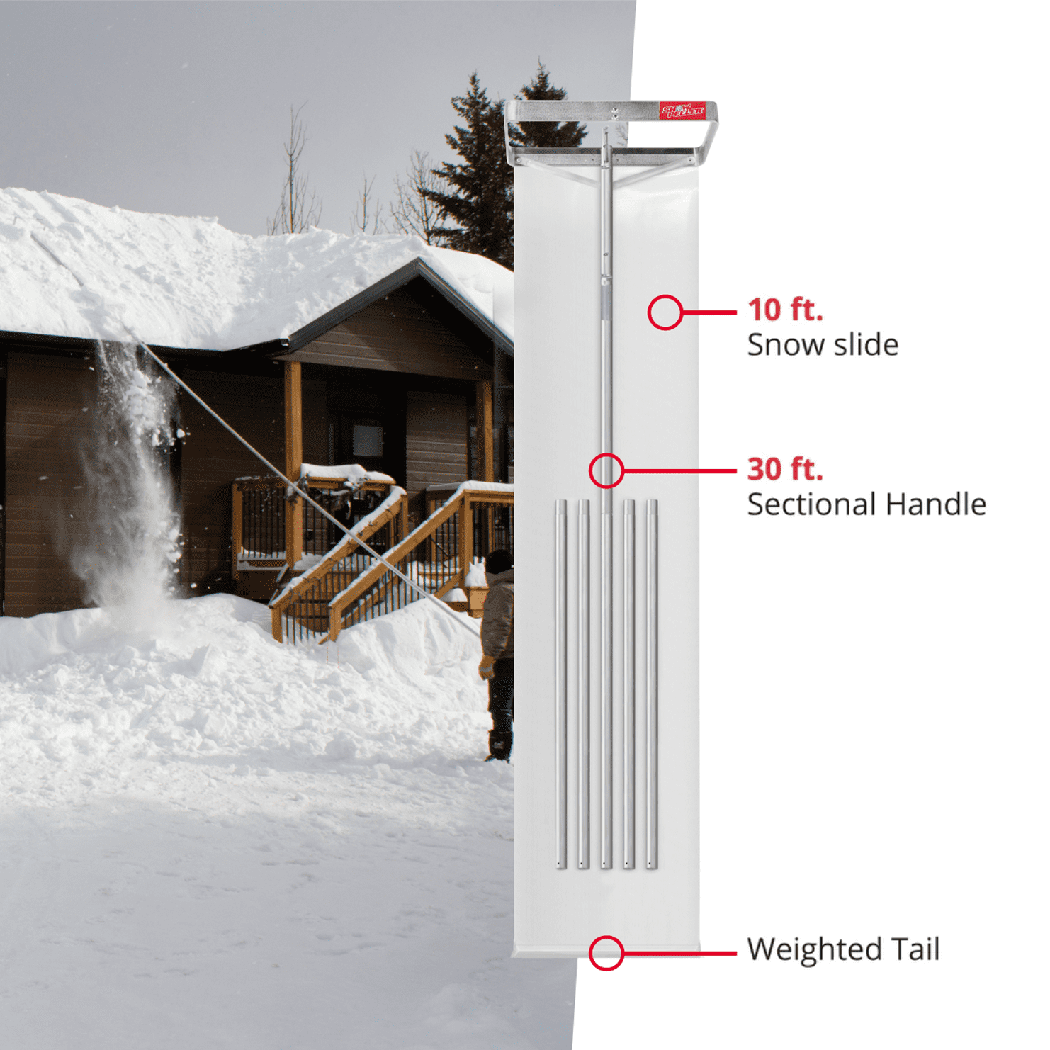 SnowPeeler PREMIUM - Long Handle Roof Rake with a 30 ft. (9 m.) reach, a Curved Handle Adapter and a 10 ft. (3 m.) Snow Slide.