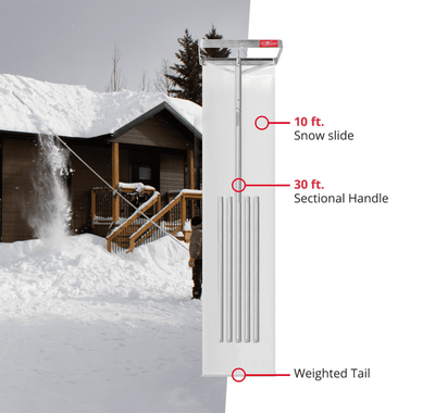 SnowPeeler PREMIUM - Long Handle Roof Rake with a 30 ft. (9 m.) reach, a Curved Handle Adapter and a 10 ft. (3 m.) Snow Slide.